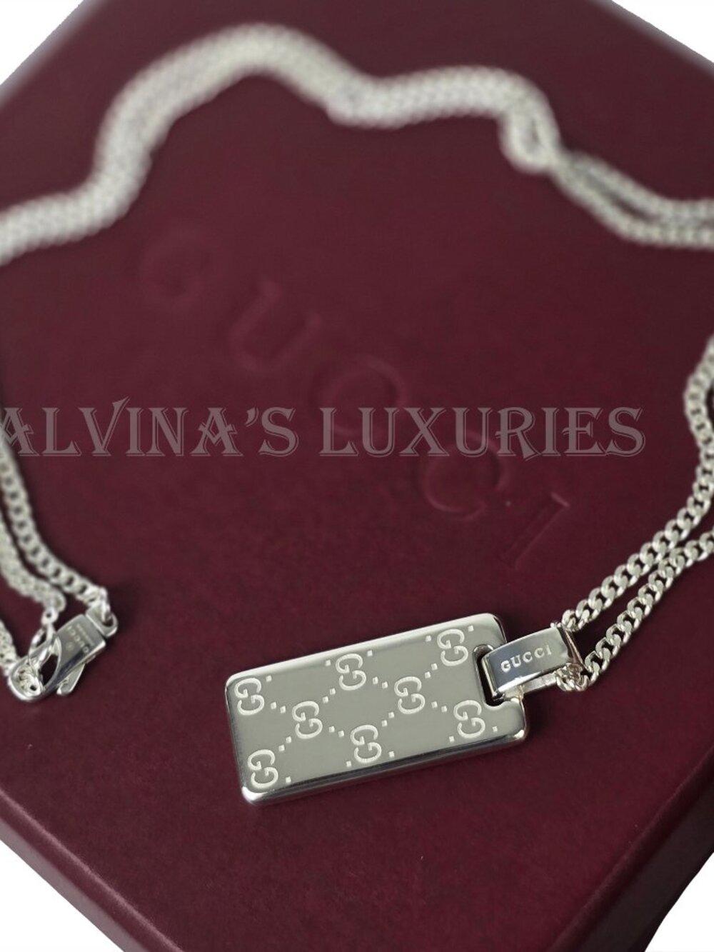 GUCCI NECKLACE MENS SIGNATURE GG LOGO DOG TAG STERLING SILVER - Picture 9 of 15